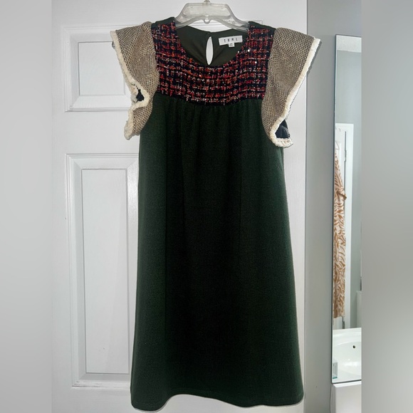 THML Dresses & Skirts - THML Dark Green Knit Sweater Dress with Red-Black Tweed Bodice